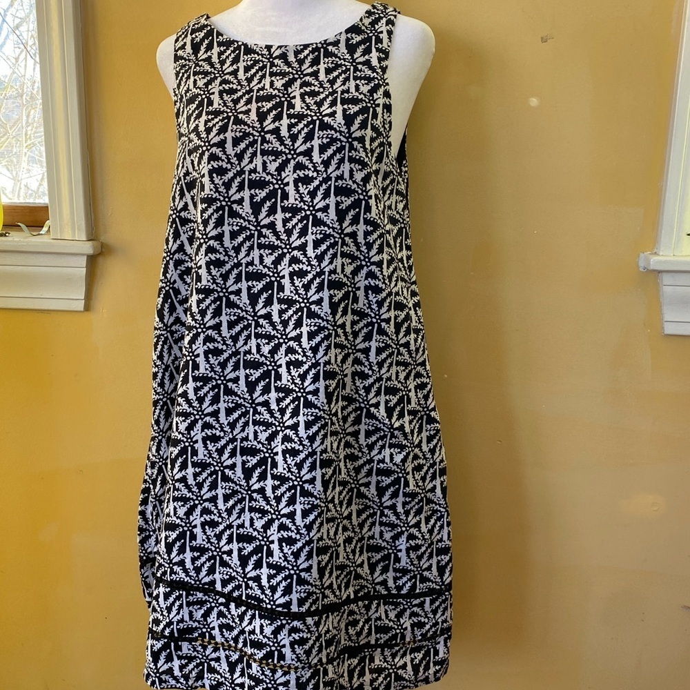 Vineyard Vines Linen Shift Dress Palm Print Black White Size 8 Lined Resort Prep